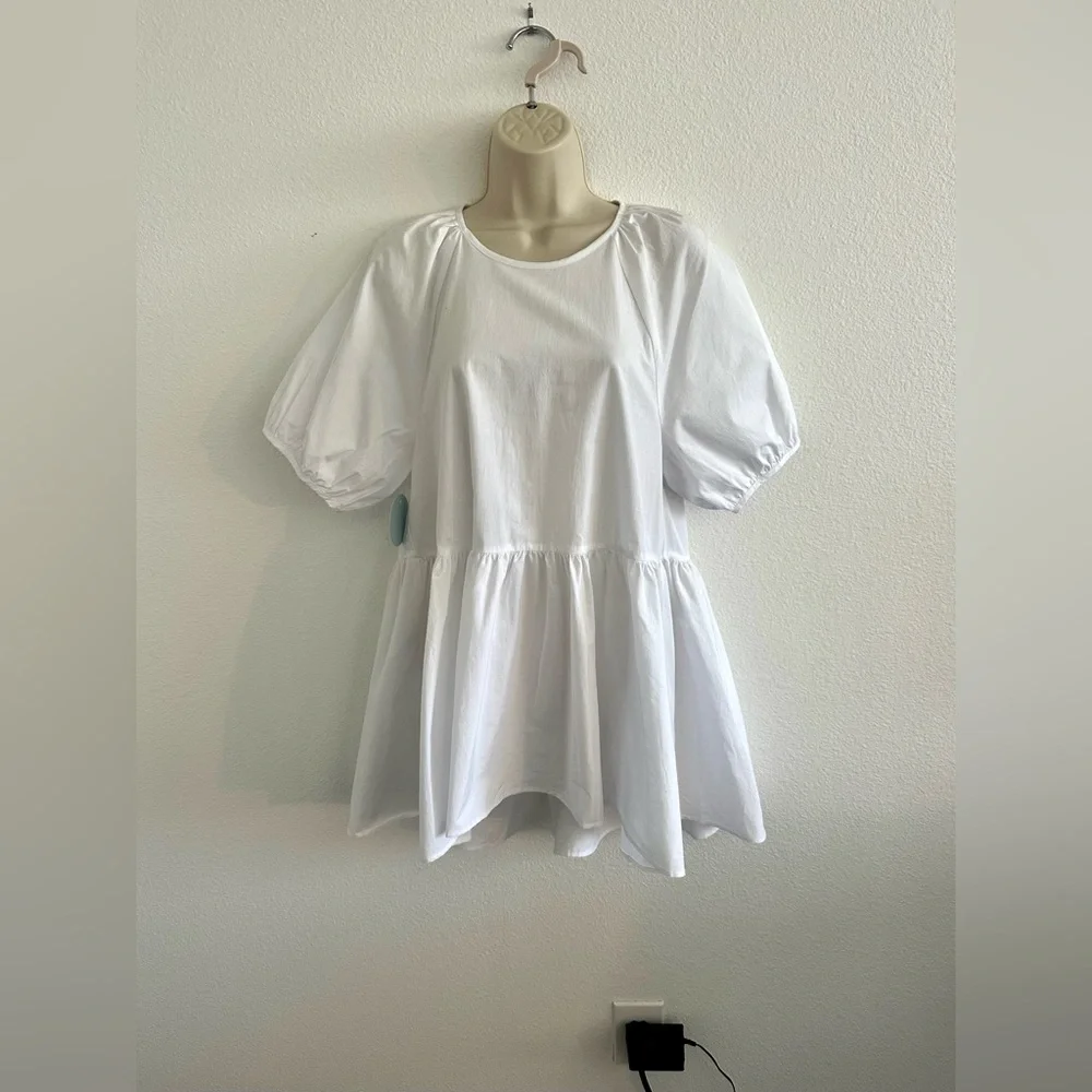 Hill House NWT Sz S Francesca Tunic Top White Cotton Puff Sleeve Modest High-Low